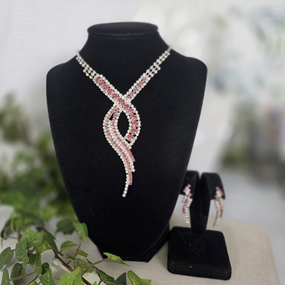 Silver and Pink Rhinestone Glam Necklace with Earrings Set